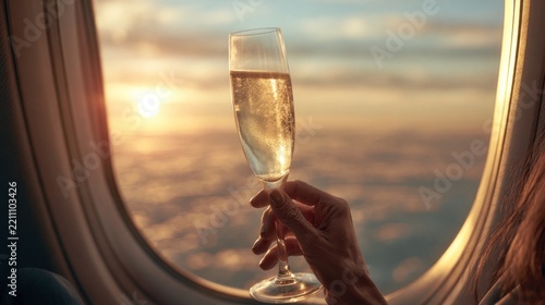 Person holding champagne glass near airplane window sunset
