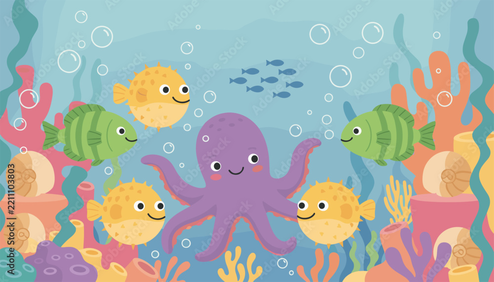Obraz premium Cute cartoon underwater scene showing a purple octopus surrounded by yellow pufferfish, green fish, and colorful coral reefs.