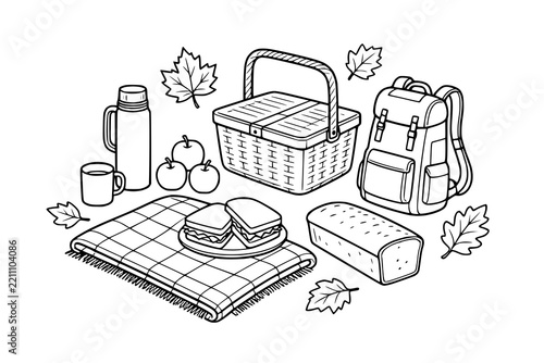 Picnic basket and food items outline drawing on a white background.
