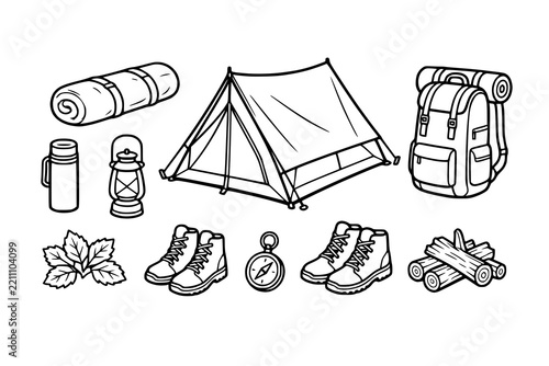 Camping equipment including tent, backpack, boots, and compass in contour style.