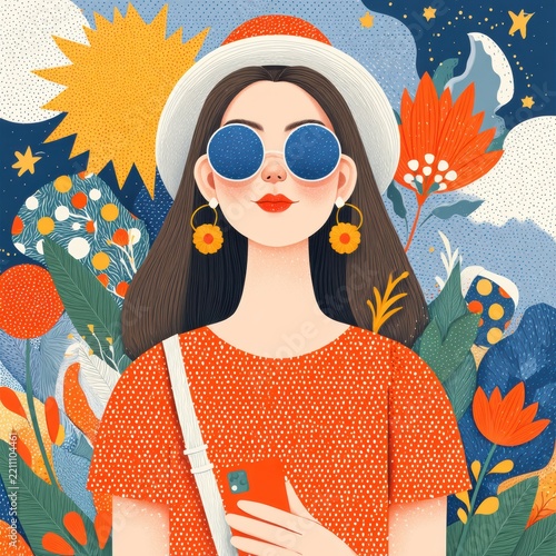 Young woman using smartphone in vibrant urban environment flat illustration style