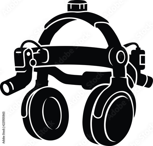 Medical Headlight with Headphones Black and White Silhouette Icon