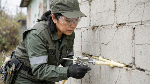 Asian female pest control worker sealing exterior wall cracks with expanding foam sealant