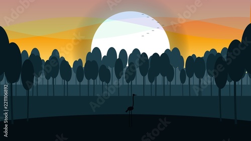 White Crane Standing in Rolling Soft Meadow Ridges (Golden Hour Amber & Teal)