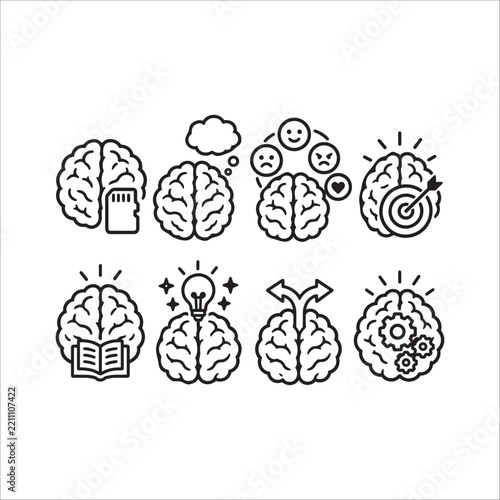 Human Brain and Mind Power Icon Set - Vector Mental Process, Memory, Idea, Emotion, Education, and Decision Making Line Art Icons