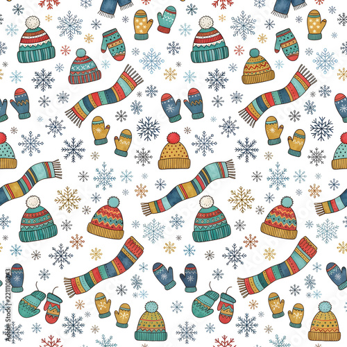 Seamless pattern with colorful winter hats, scarves, gloves and snowflakes, cute hand-drawn style, white background, no text.