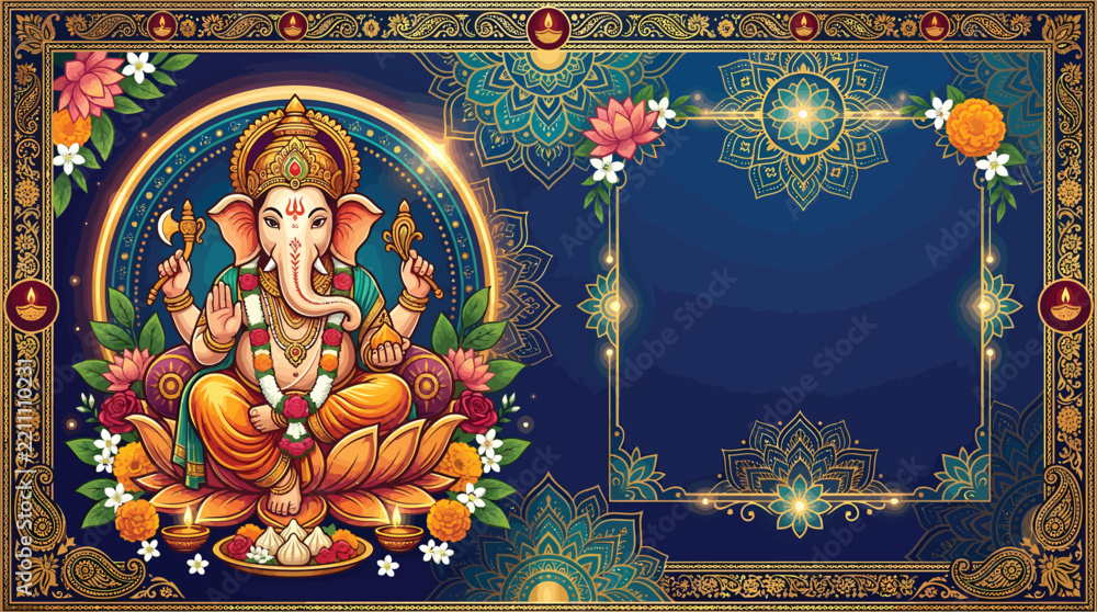 Fototapeta premium Lord Ganesha illustration with floral frame and empty space for text on blue background.