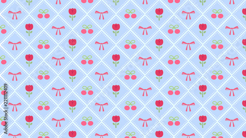 Charming retro pattern featuring cute red tulips, cherries, and bows on a soft blue checkered background