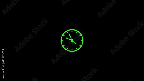 One hour clock rotation, 60 minutes time period, 1 hour clock hands rotation animation, time passing by, transparent background.4k video