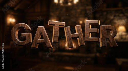 Gather wooden letters festive background warm cozy home interior fireplace light
