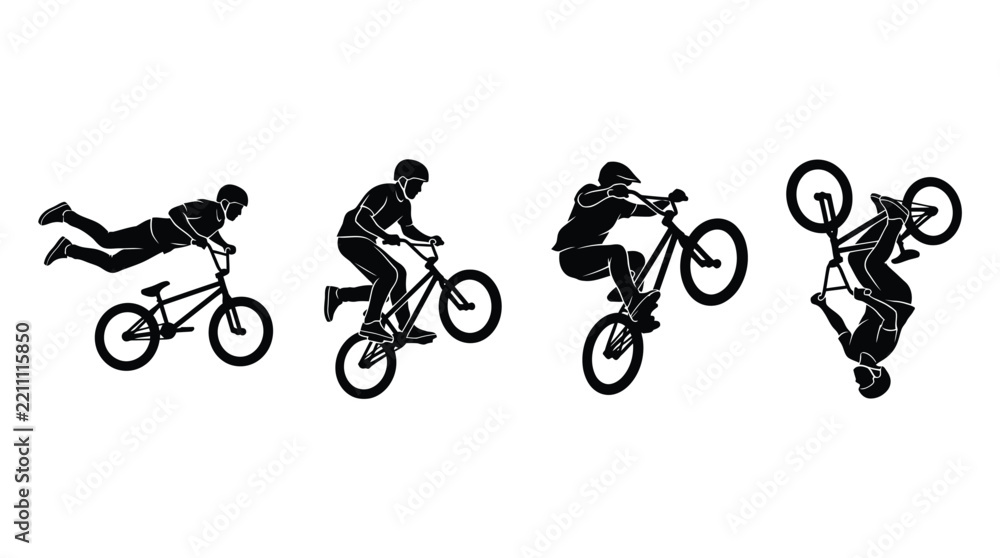 Obraz premium Dynamic bmx rider performing extreme stunt tricks with black silhouettes on isolated white background