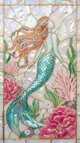 Art nouveau stained glass mermaid with flowers and coral