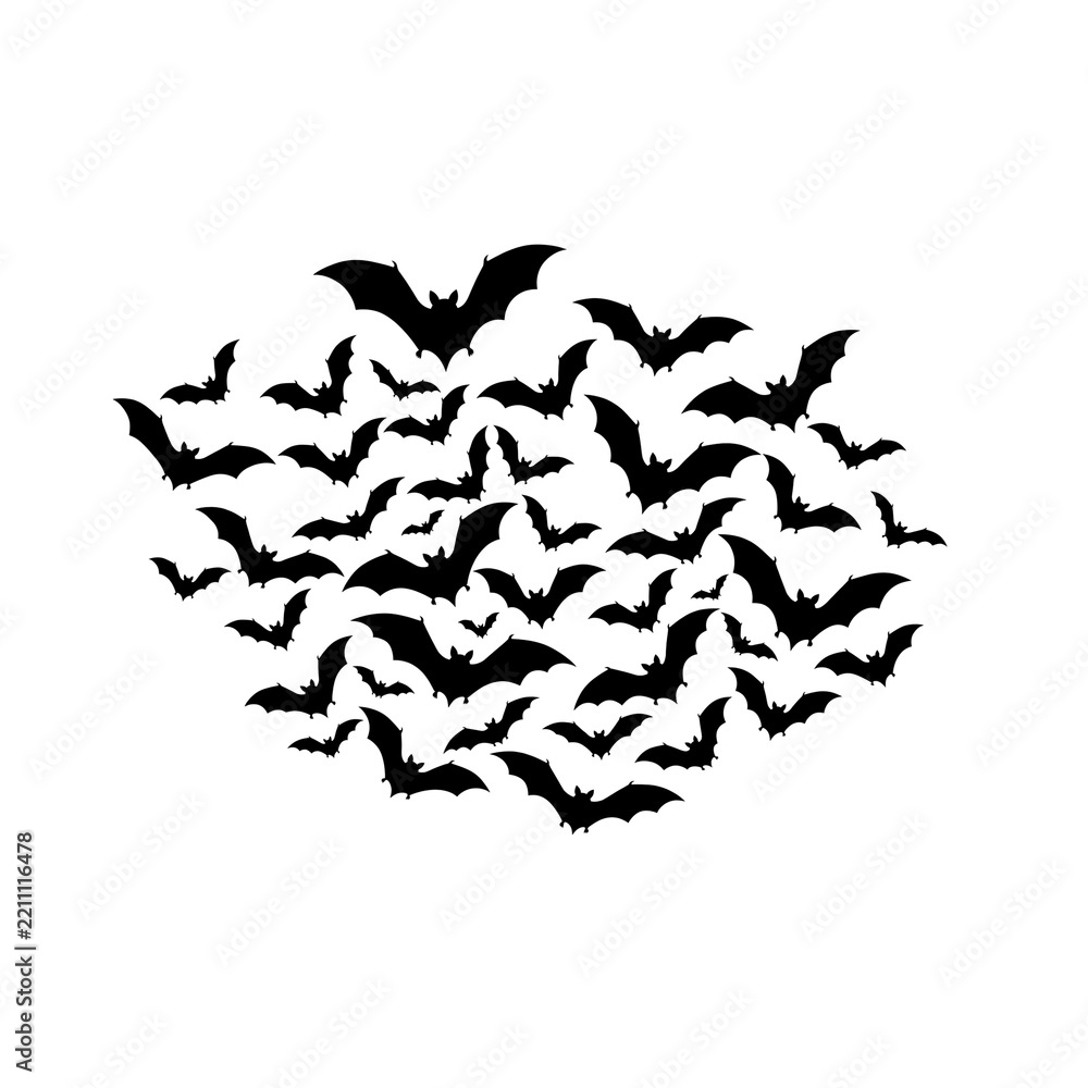 Fototapeta premium Black silhouette of swarm of bats in flight, transparent background