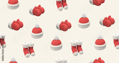 Seamless 3D Winter Pattern with Red Knit Hats, Mittens and Socks