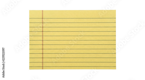 Yellow lined notepad sheet features horizontal ruling and margin line isolated against a transparent background for office notes and memos.
