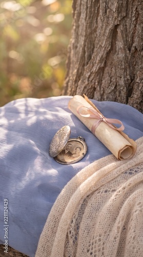 Vintage photo locket and ribbon-tied scroll beside a tree