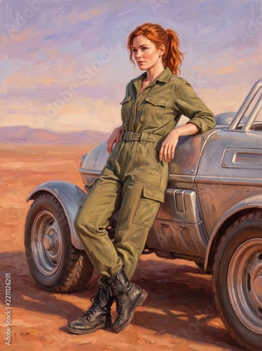 Retro digital painting of a woman beside a desert vehicle
