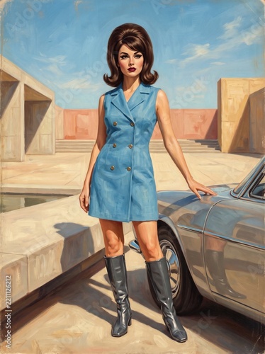 Retro oil painting of woman in blue dress beside a classic car