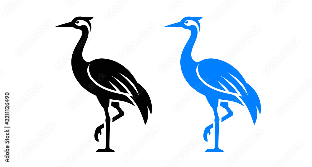 Obraz premium Two heron bird icons in black and blue colors standing on one leg for nature design projects