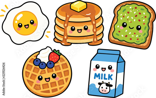 A collection of cute kawaii style breakfast food items including fried egg pancakes avocado toast waffle and a carton of milk on white background illustration