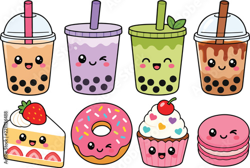 A collection of cute cartoon style bubble tea cups and sweet desserts like strawberry cake donut cupcake and pink macaron with happy smiling faces illustration