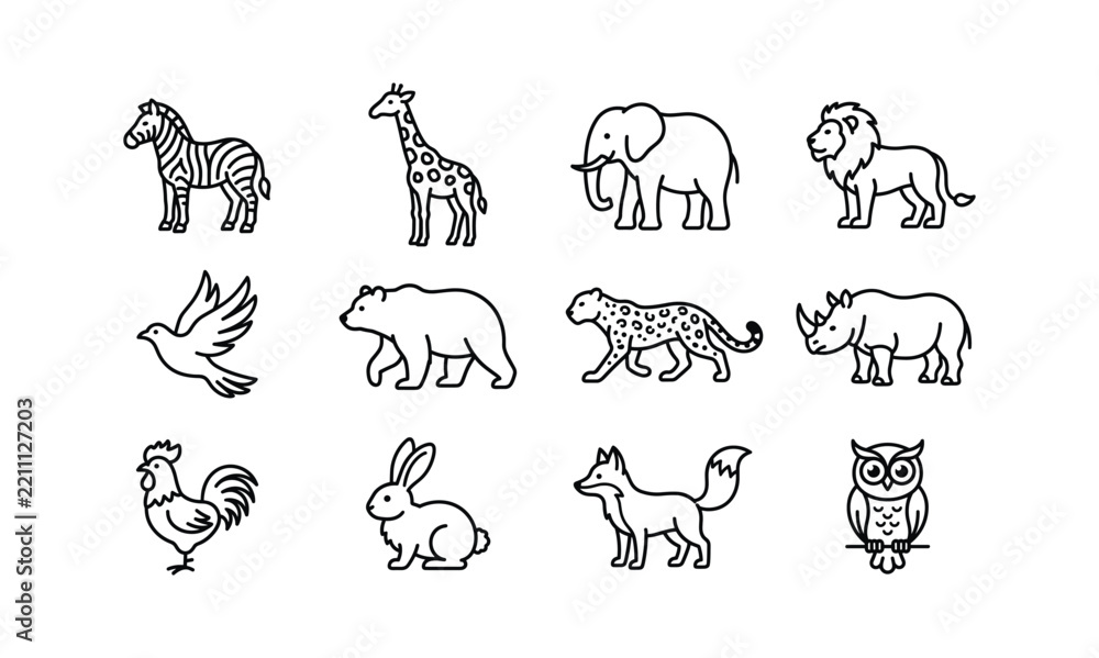 Fototapeta premium Collection of animal line drawings depicts a zebra giraffe elephant lion and other wildlife bear cheetah rhino rabbit fox owl rooster pigeon fauna species mammal