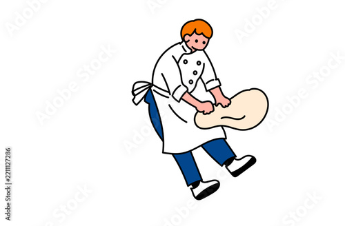 Cute flat vector illustration of a male baker or chef kneading bread dough.