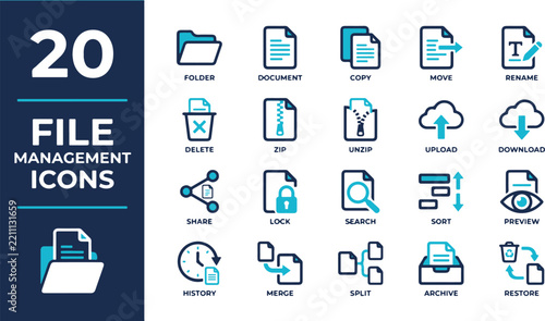 File management icon set vector illustration. Includes symbols for folder, document, delete, zip, upload, download, and search. Clean blue design for corporate software and cloud storage.