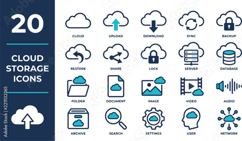 Cloud storage line icon set. Includes upload, download, sync, backup, server, and database symbols. Clean vector icons for digital data management and web applications.
