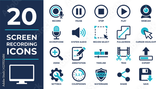 Screen recording icon set vector. Includes symbols for webcam, microphone, timeline, and export. Clean flat design for video production software and digital content creation.