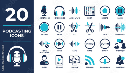 Podcasting and audio editing solid icon set. Includes microphone, headphones, audio wave, and sound mixer symbols. Blue and dark grey vector graphics for broadcasting apps and web.