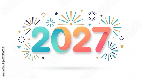 Happy New Year 2027 festive celebration typography, colorful gradient 2027 numbers with fireworks, vibrant holiday banner header background