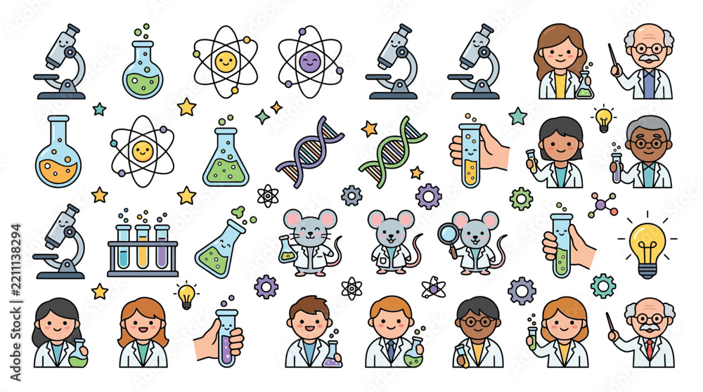 Fototapeta premium Cute Science Icons and Characters