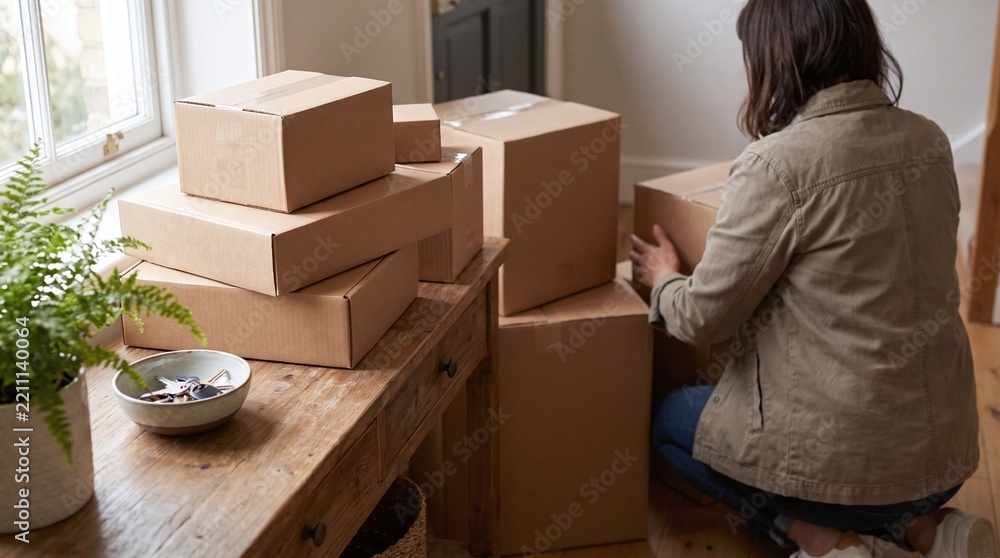 Fototapeta premium Woman packing cardboard boxes for moving house or shipping