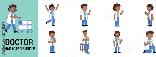 Cartoon doctor character set in different poses and medical uniforms