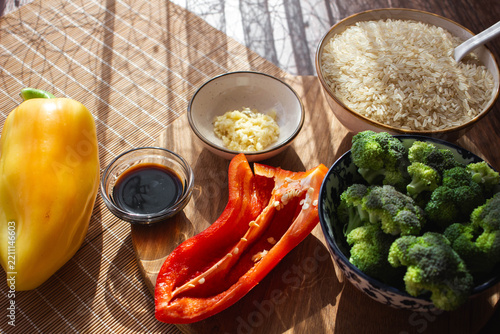 Fresh Rice, Broccoli, Bell Peppers, Garlic and Soy Sauce for Cooking