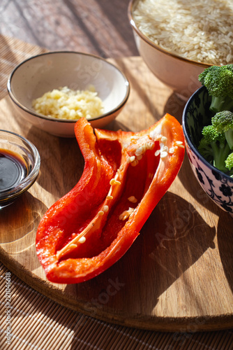 Rice and vegetables with garlic and soy sauce for cooking
