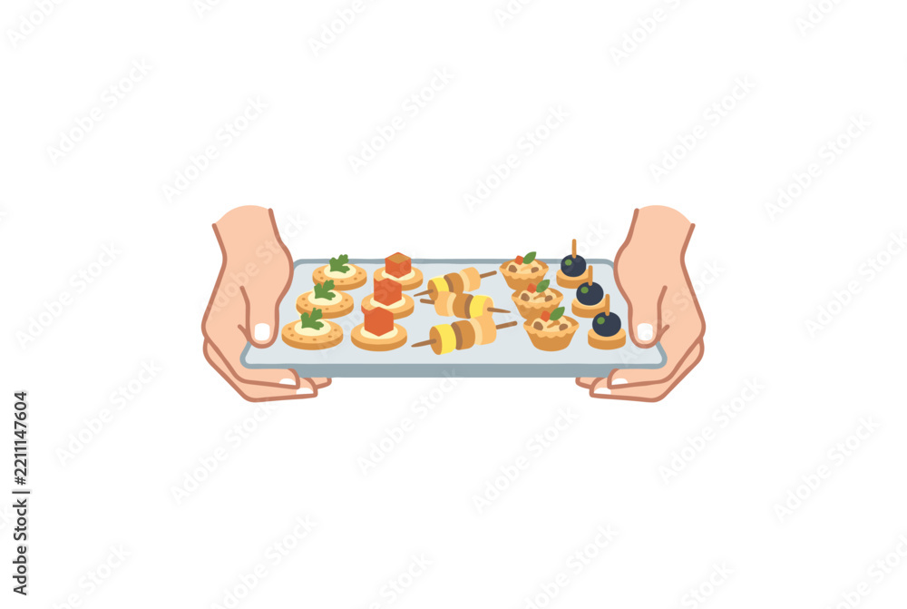 Obraz premium Hands carrying tray filled with delicious savory appetizers