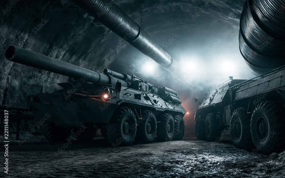 Fototapeta premium Military defense and combat readiness, heavy artillery and armored vehicle in a dark underground bunker for strategic warfare and national security
