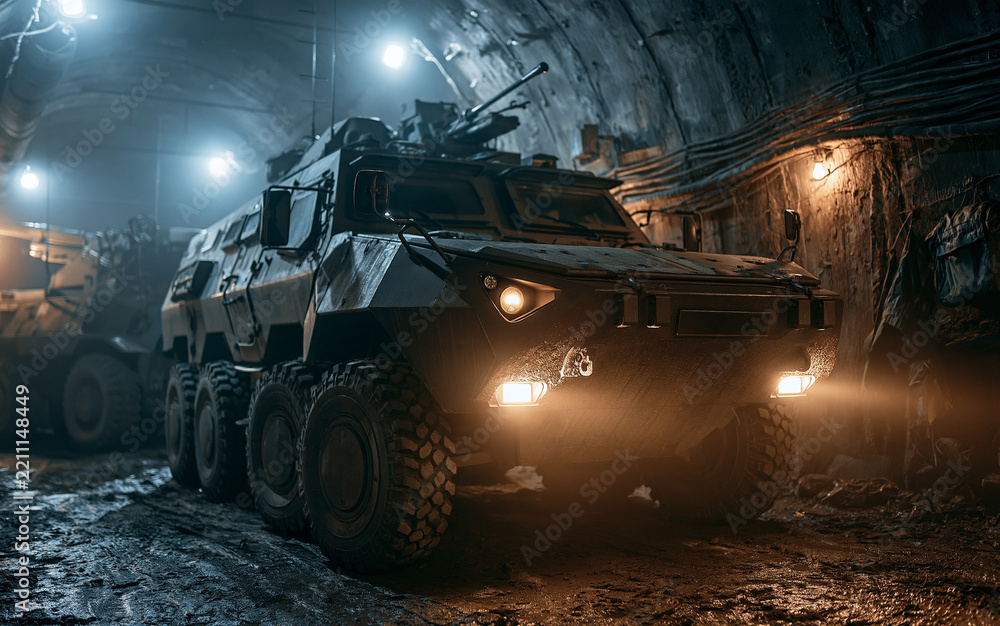Fototapeta premium Military defense and combat readiness, heavy artillery and armored vehicle in a dark underground bunker for strategic warfare and national security