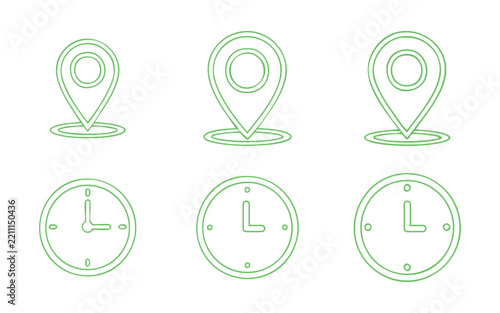 Green outline of location pins and analog clocks on white marker
