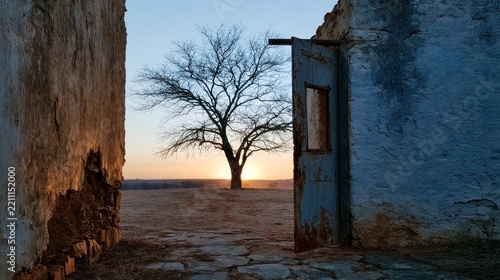 Abandoned building doorway reveals solitary tree at sunrise