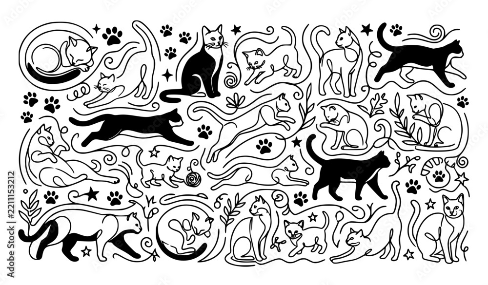 Obraz premium Cat Contour Silhouette One Line Doodle Poster Black Vector Illustration