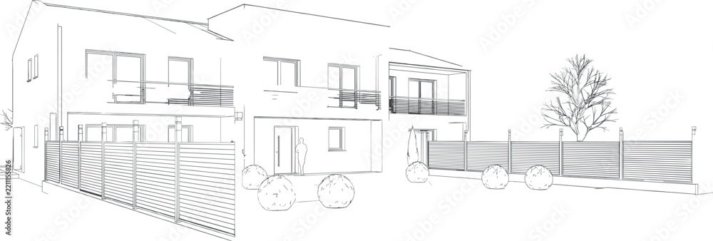 Fototapeta premium Modern Two Story Villa Exterior Line Art Sketch featuring Fence and Balcony Details for Architectural Presentation Vector Illustration