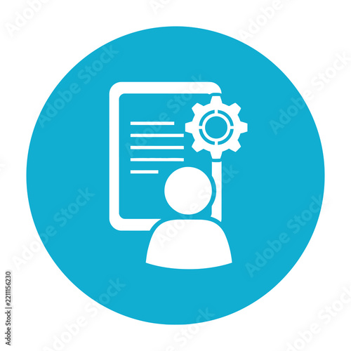 Person interacting with document and gear icon on screen