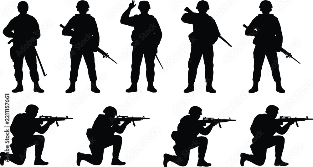 Obraz premium Set of black soldier silhouettes featuring military personnel standing with rifles and kneeling in tactical combat positions on a white background for
