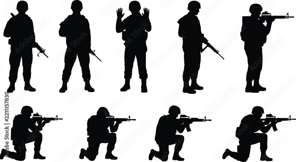 Obraz premium Set of black silhouettes of soldiers in various combat stances, including standing, aiming rifles, and kneeling, isolated on a white background, for tactical use