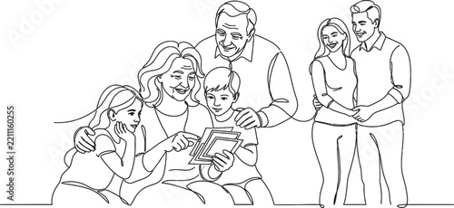 A continuous line art drawing of a happy multi generation family including grandparents parents and children looking at a photo album together.