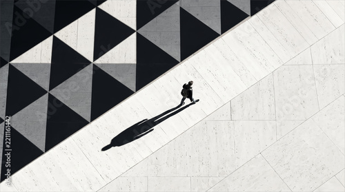 Aerial view of a person with long shadow on black and white tiles