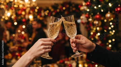 People clinking champagne glasses at a festive Christmas party